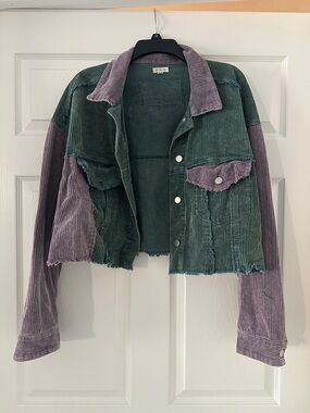 POL Colorblock Corduroy Cropped Jacket - Green & Lavender